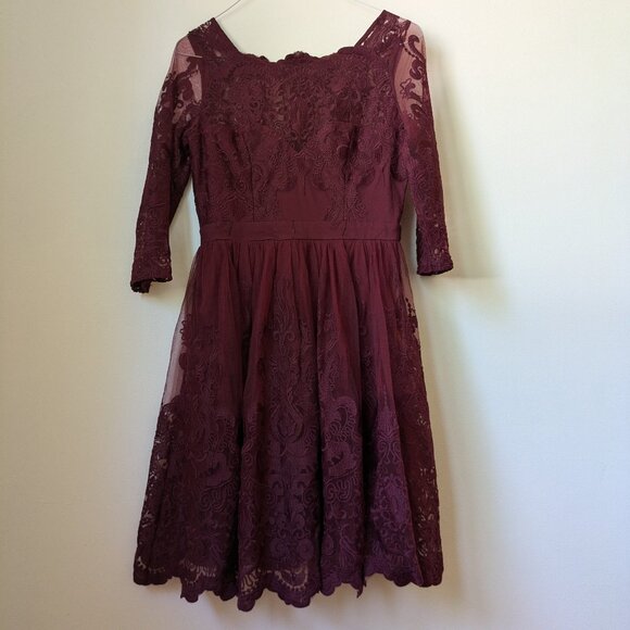 Burgundy Formal Sheer Dress L Large Bridesmaid Prom Wedding MANIJU - Picture 1 of 8